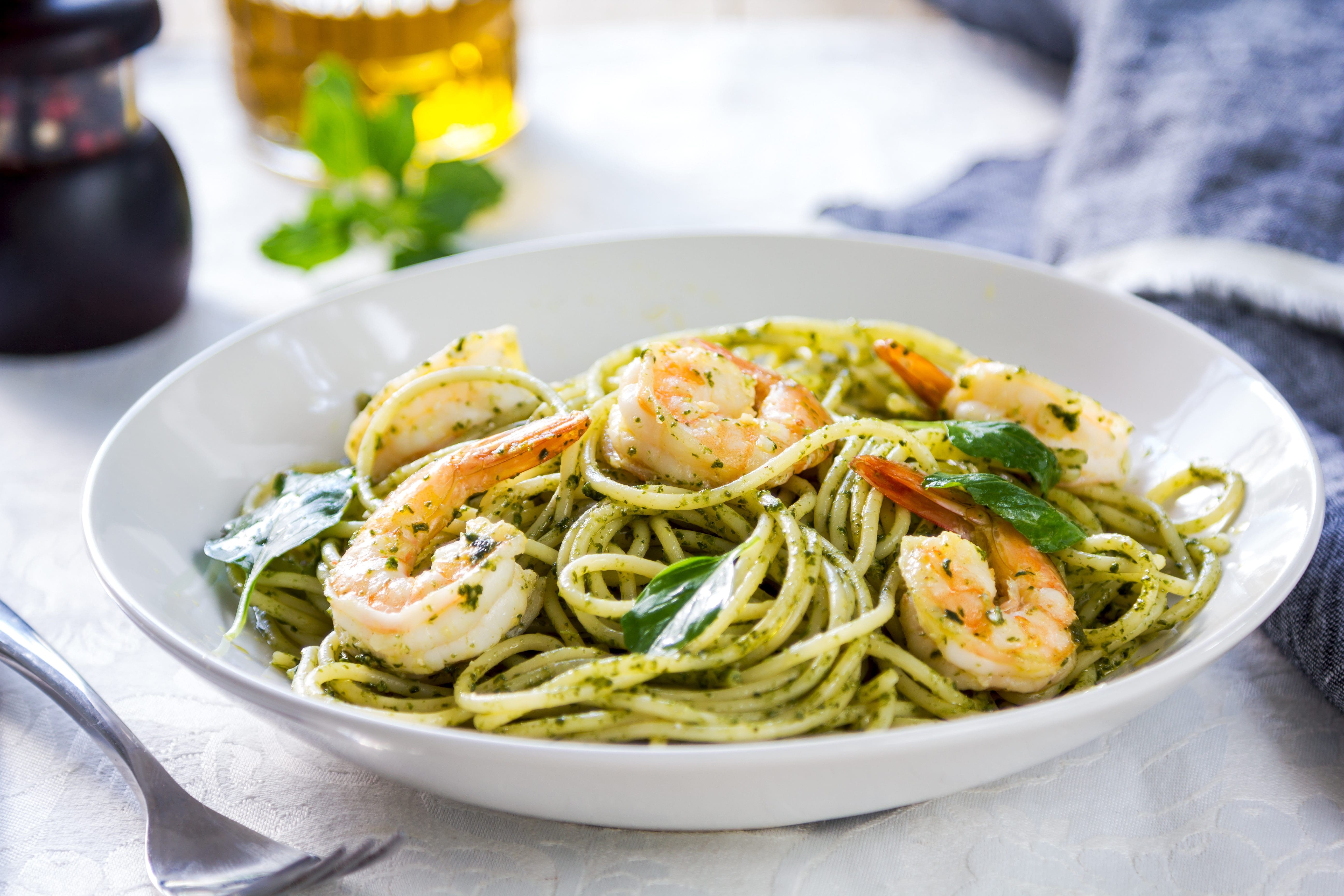 SPAGHETTI with BASIL PEA PESTO & PRAWNS